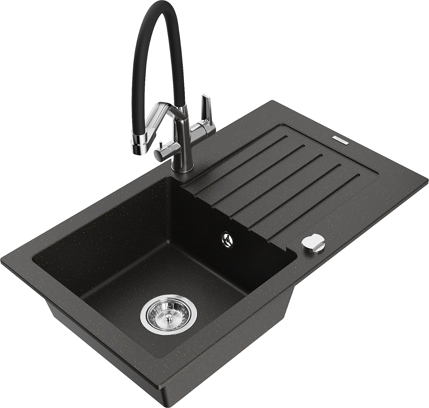 Mexen Pablo zlewozmywak granitowy 1-komorowy z ociekaczem i baterią kuchenną Duo, czarny/złoty metalik - 6510-75-671701-07