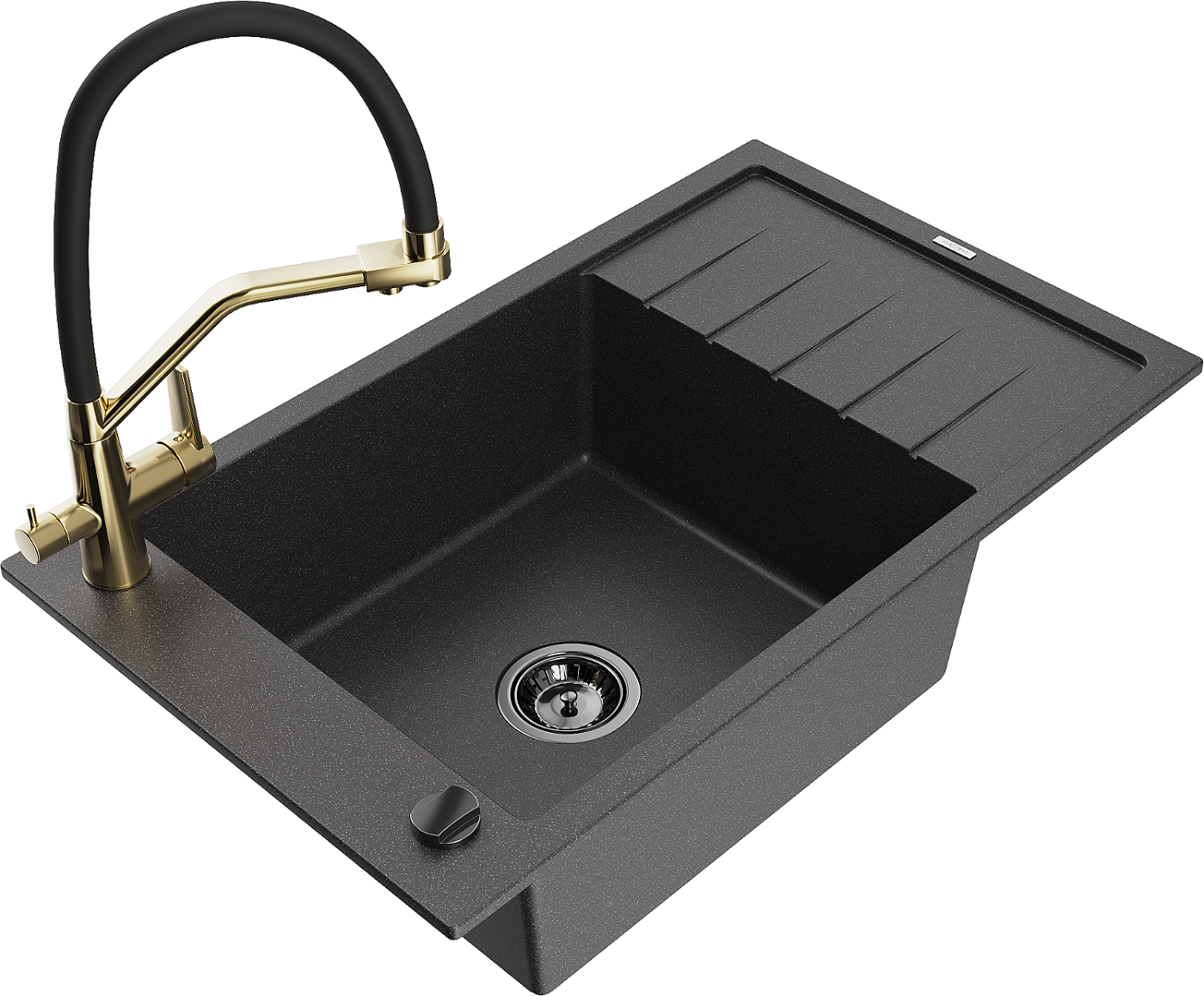 Mexen Elias zlewozmywak granitowy 1-komorowy z ociekaczem i baterią kuchenną Duo, czarny nakrapiany - 6511-76-671701-57-B