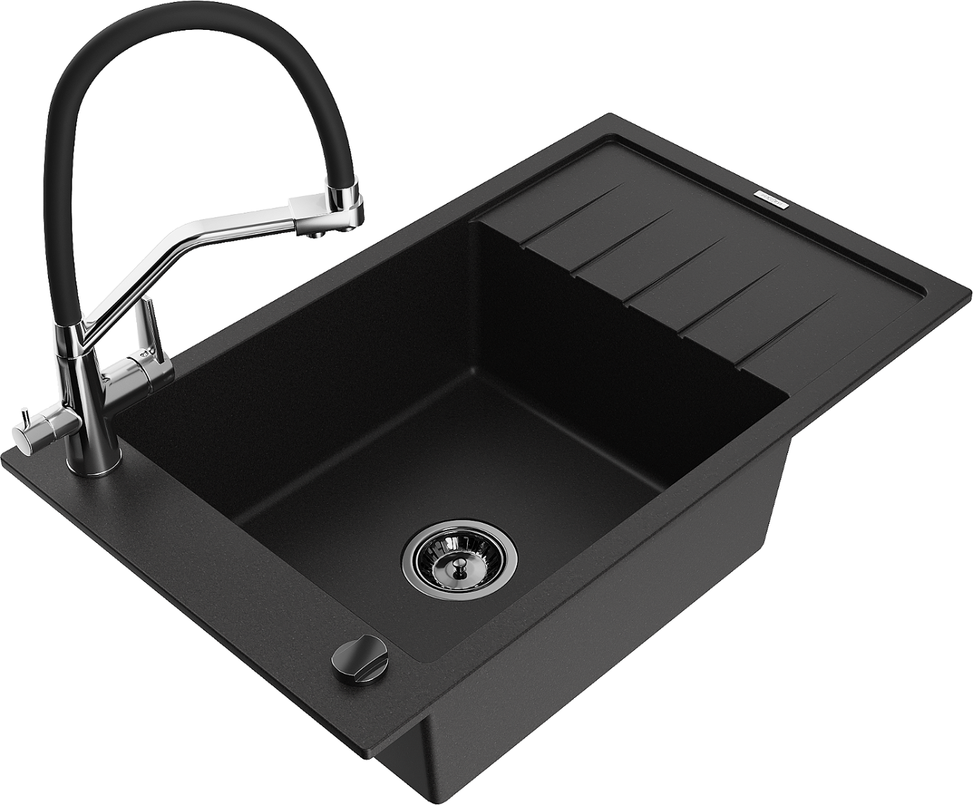Mexen Elias zlewozmywak granitowy 1-komorowy z ociekaczem i baterią kuchenną Duo, czarny - 6511-77-671701-07-B