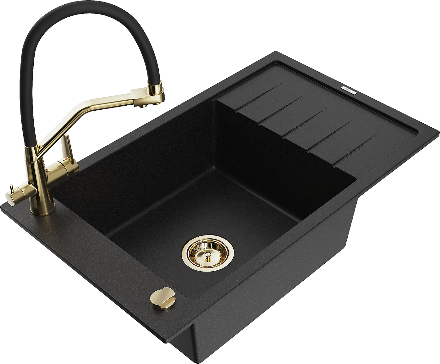 Mexen Elias zlewozmywak granitowy 1-komorowy z ociekaczem i baterią kuchenną Duo, czarny - 6511-77-671701-57-G