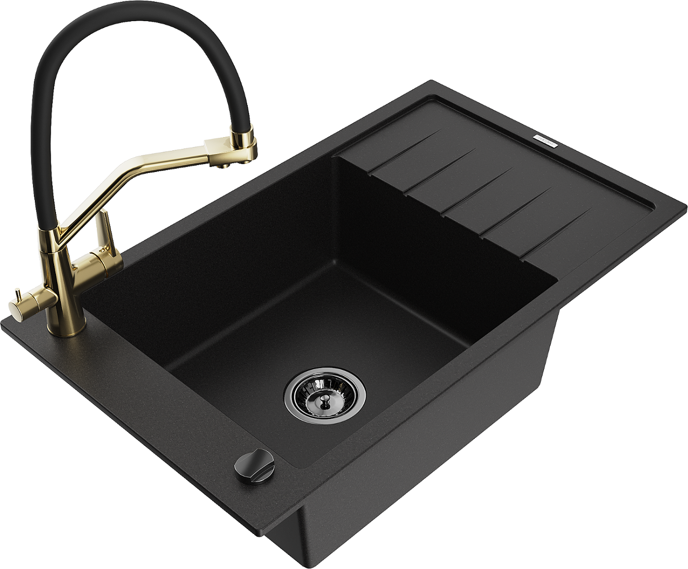 Mexen Elias zlewozmywak granitowy 1-komorowy z ociekaczem i baterią kuchenną Duo, czarny - 6511-77-671701-57-B