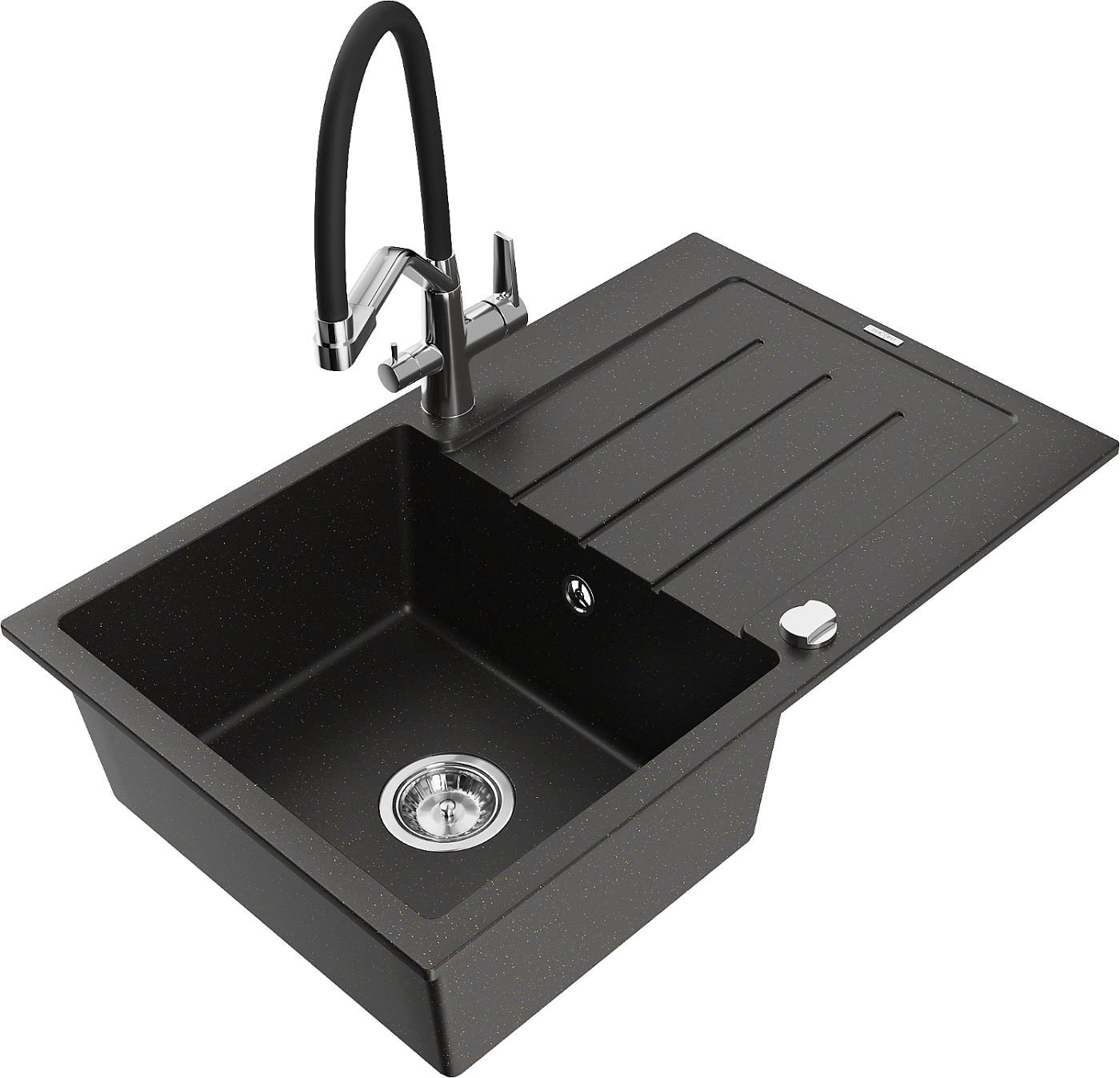 Mexen Bruno zlewozmywak granitowy 1-komorowy z ociekaczem i baterią kuchenną Duo, czarny/złoty metalik - 6513-75-671701-07