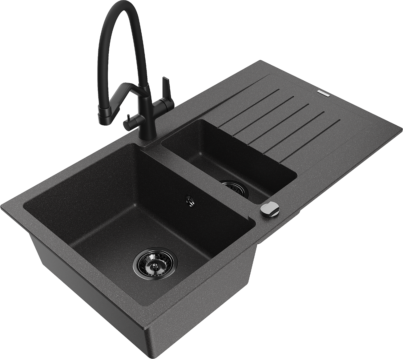 Mexen Matias zlewozmywak granitowy 1,5-komorowy z ociekaczem i baterią kuchenną Duo, czarny nakrapiany - 6502-76-671701-70-B