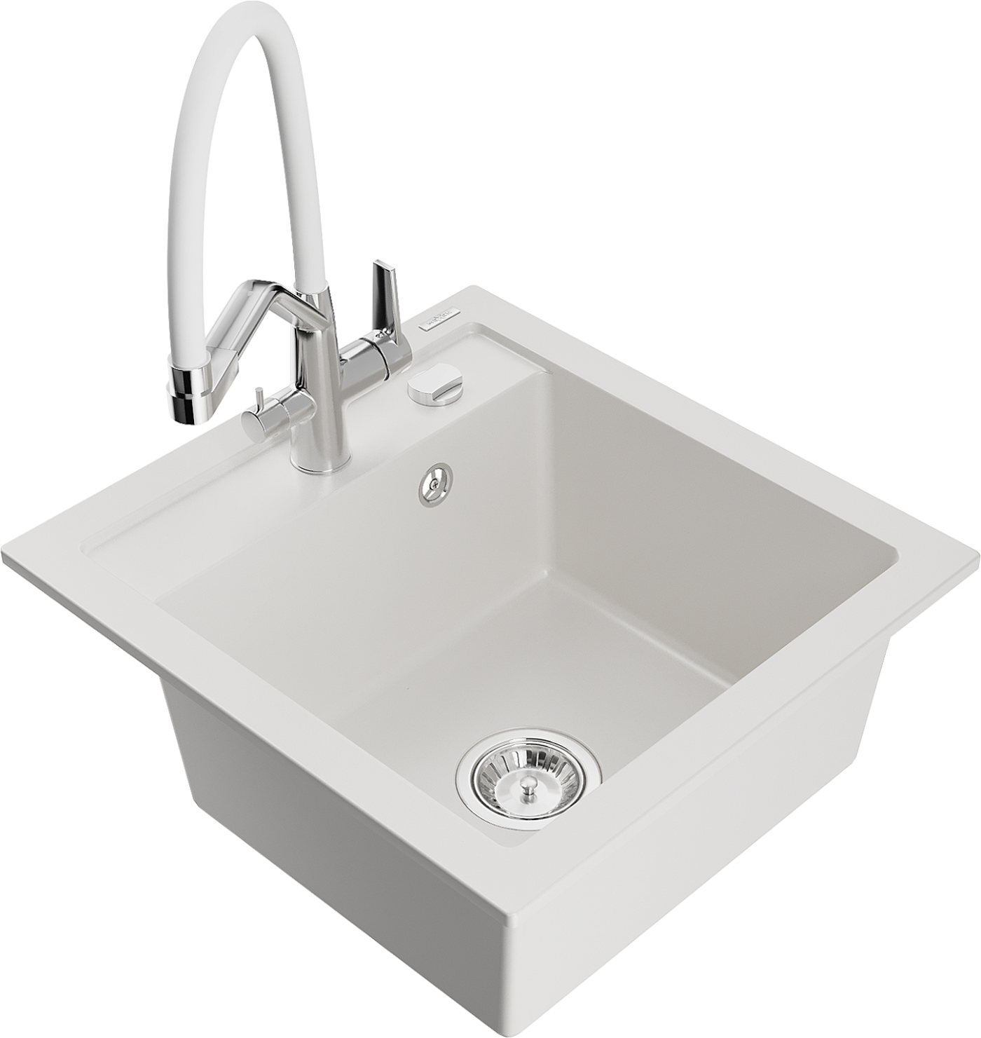 Mexen Vito zlewozmywak granitowy 1-komorowy z baterią kuchenną Duo, biały - 6503-20-671701-02