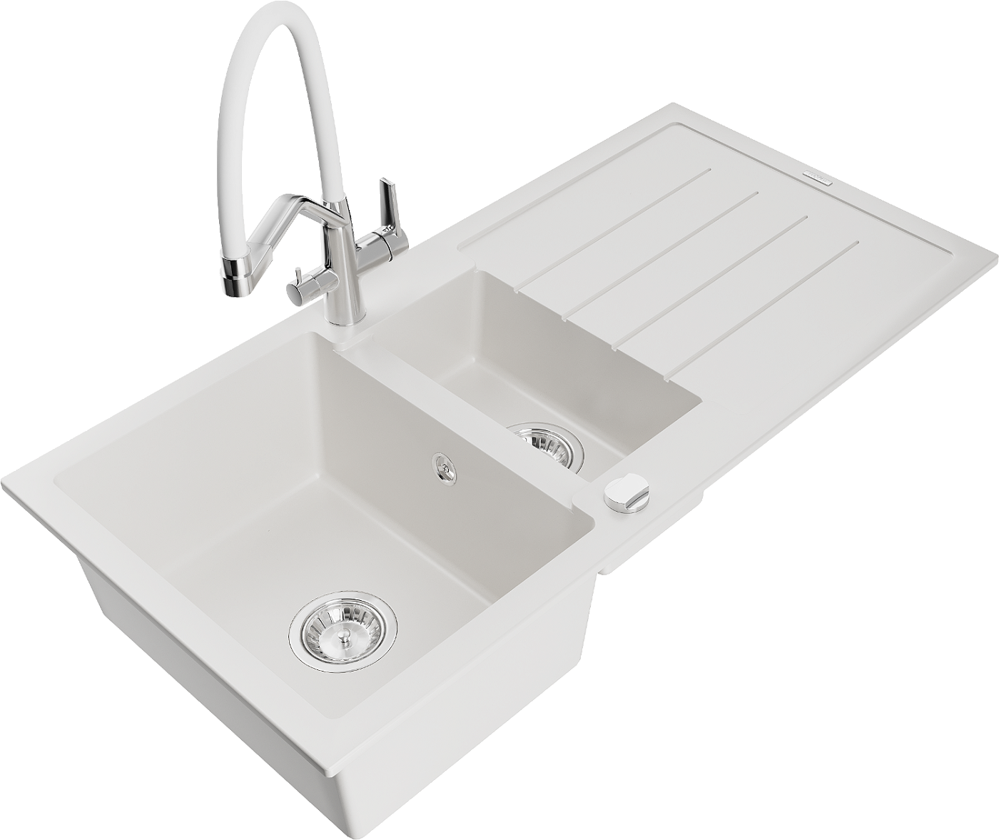 Mexen Andres zlewozmywak granitowy 1,5-komorowy z ociekaczem i baterią kuchenną Duo, biały - 6515-20-671701-02