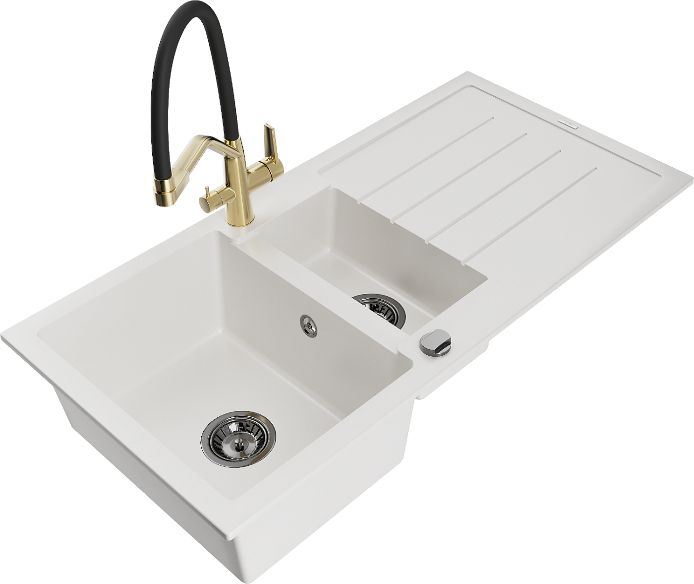 Mexen Andres zlewozmywak granitowy 1,5-komorowy z ociekaczem i baterią kuchenną Duo, biały - 6515-20-671701-57-B