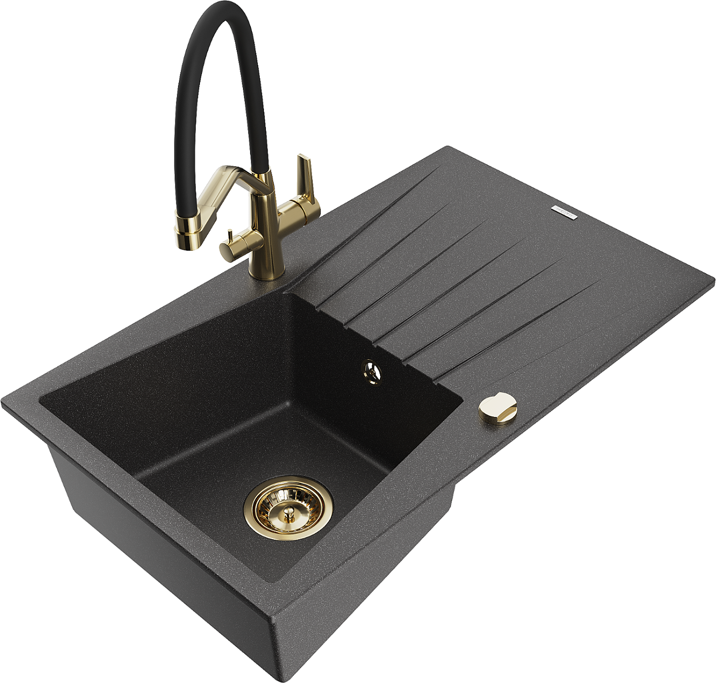 Mexen Cesar zlewozmywak granitowy 1-komorowy z ociekaczem i baterią kuchenną Duo, czarny nakrapiany - 6514-76-671701-57-G