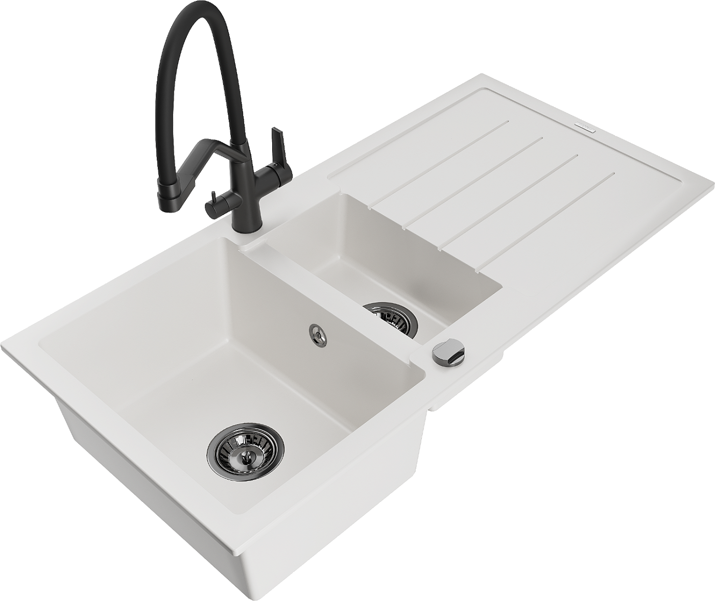 Mexen Andres zlewozmywak granitowy 1,5-komorowy z ociekaczem i baterią kuchenną Duo, biały - 6515-20-671701-70-B