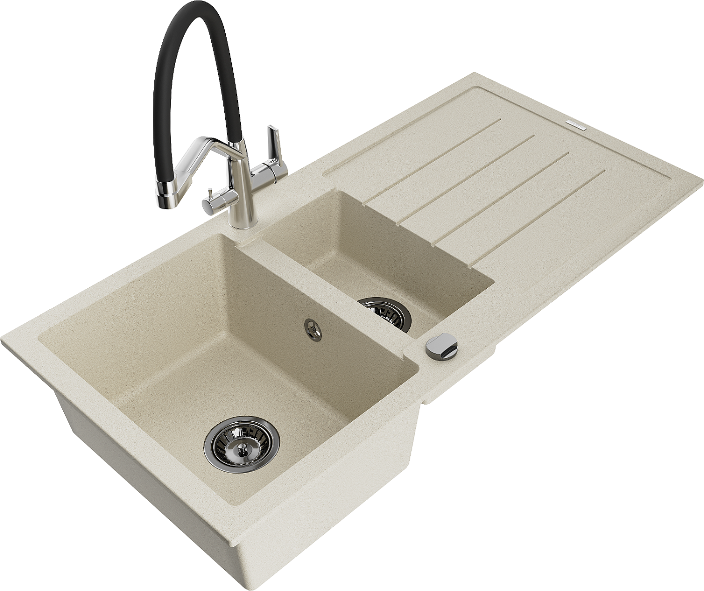 Mexen Andres zlewozmywak granitowy 1,5-komorowy z ociekaczem i baterią kuchenną Duo, beżowy - 6515-69-671701-07-B