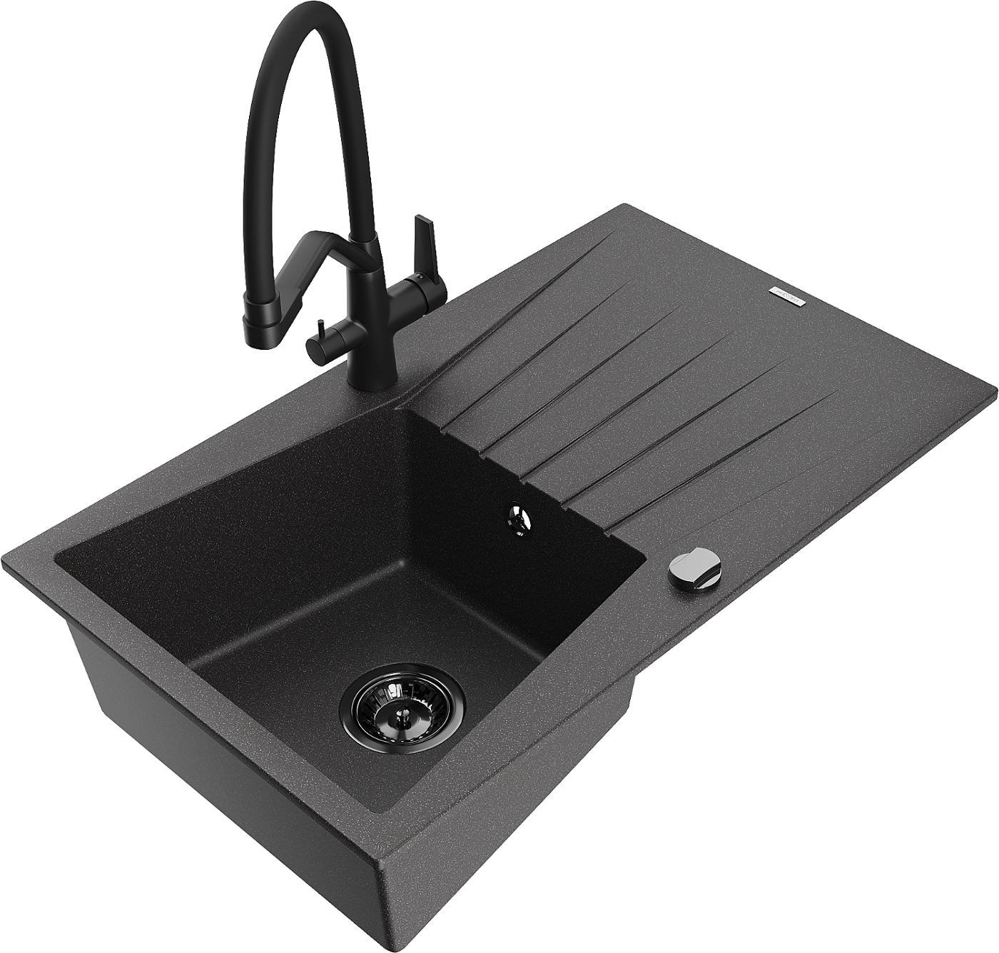 Mexen Cesar zlewozmywak granitowy 1-komorowy z ociekaczem i baterią kuchenną Duo, czarny nakrapiany - 6514-76-671701-70-B