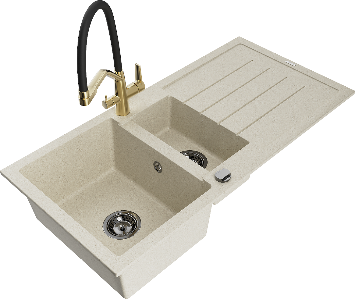 Mexen Andres zlewozmywak granitowy 1,5-komorowy z ociekaczem i baterią kuchenną Duo, beżowy - 6515-69-671701-57-B