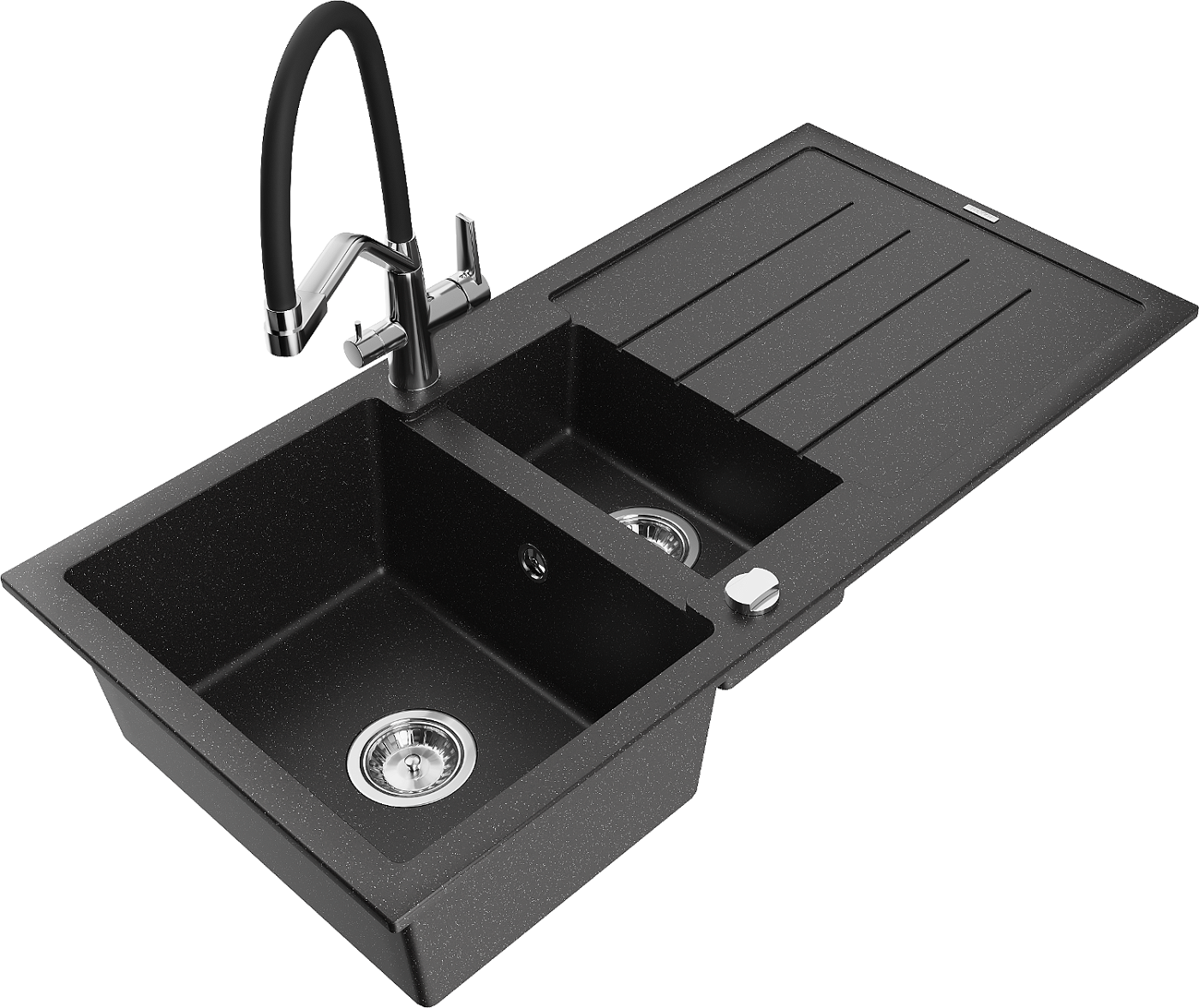 Mexen Andres zlewozmywak granitowy 1,5-komorowy z ociekaczem i baterią kuchenną Duo, czarny/srebrny metalik - 6515-73-671701-07