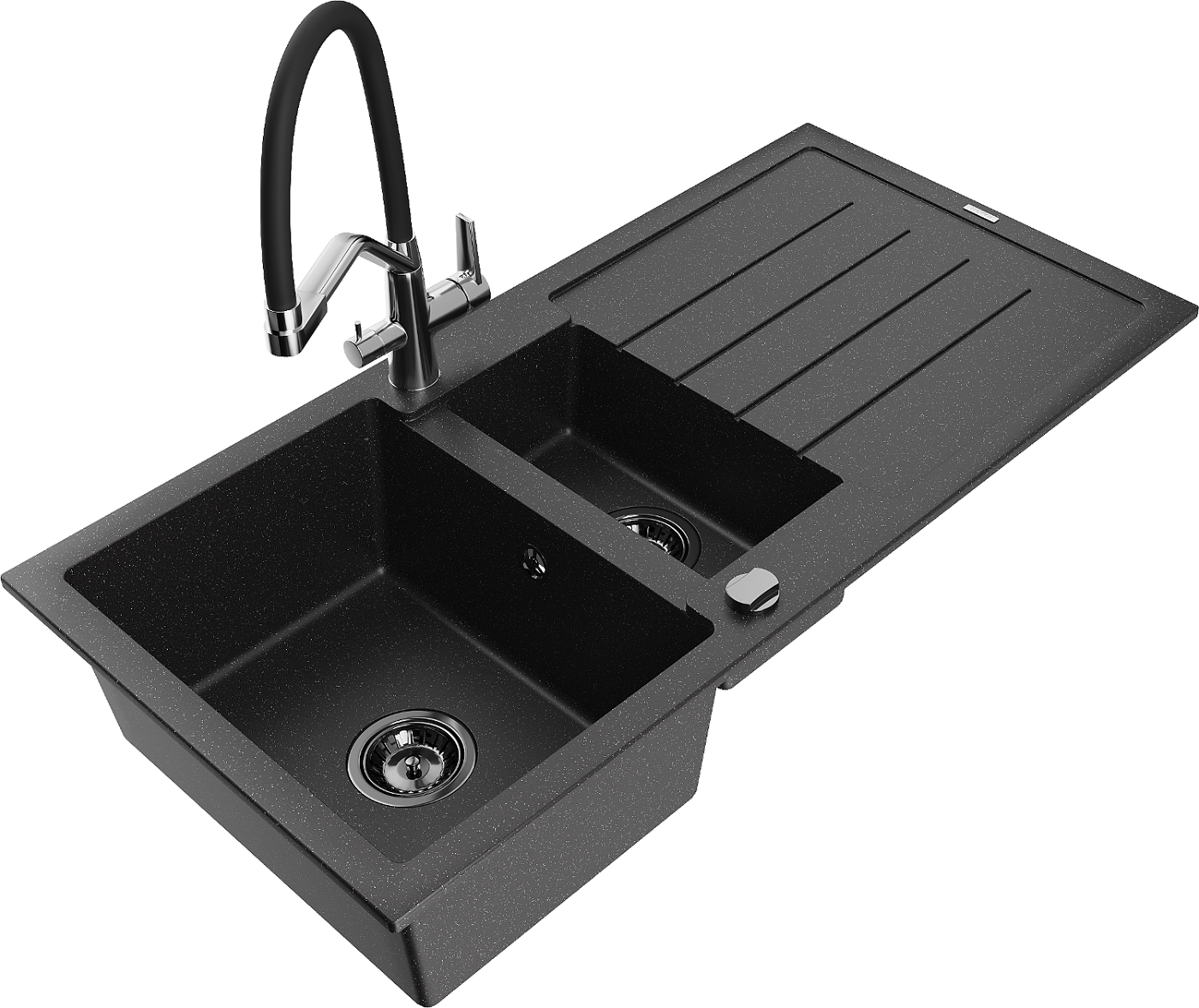 Mexen Andres zlewozmywak granitowy 1,5-komorowy z ociekaczem i baterią kuchenną Duo, czarny/srebrny - 6515-73-671701-07-B