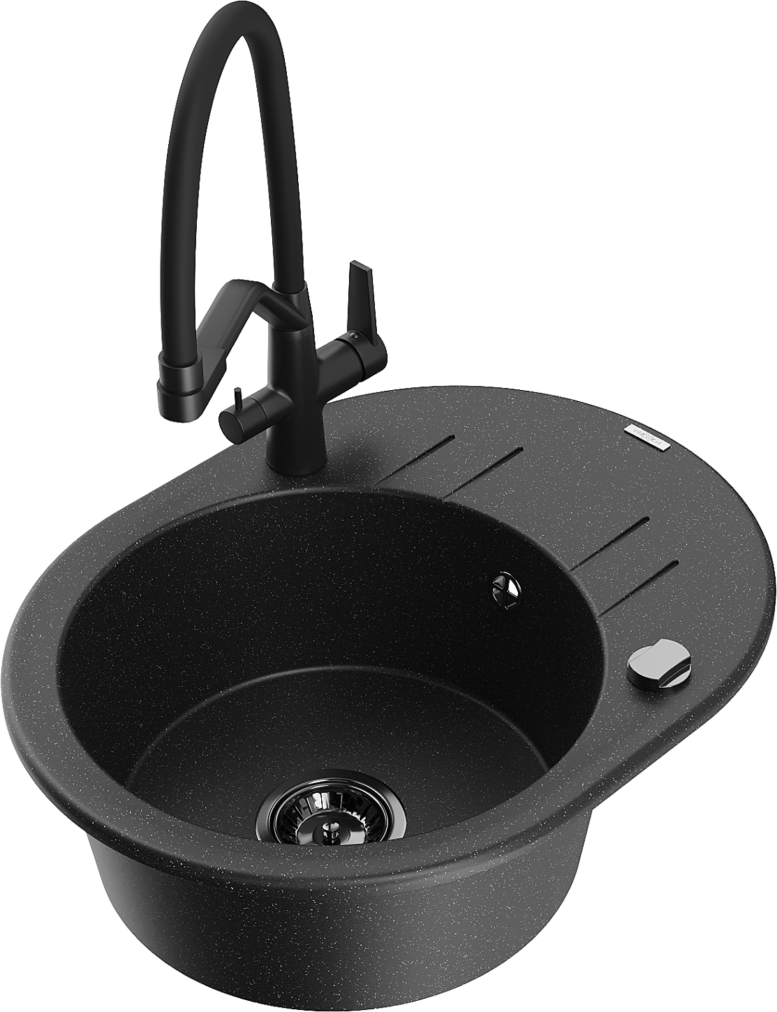 Mexen Kevin zlewozmywak granitowy 1-komorowy z baterią kuchenną Duo, czarny/srebrny metalik - 6517-73-671701-70-B