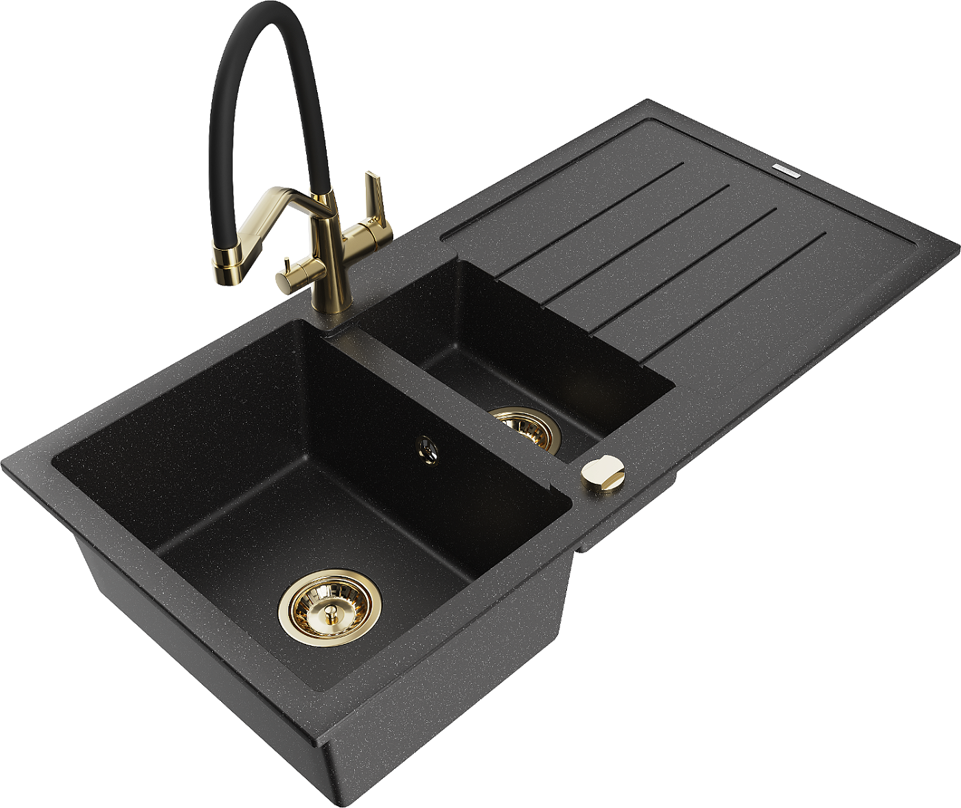 Mexen Andres zlewozmywak granitowy 1,5-komorowy z ociekaczem i baterią kuchenną Duo, czarny/srebrny - 6515-73-671701-57-G