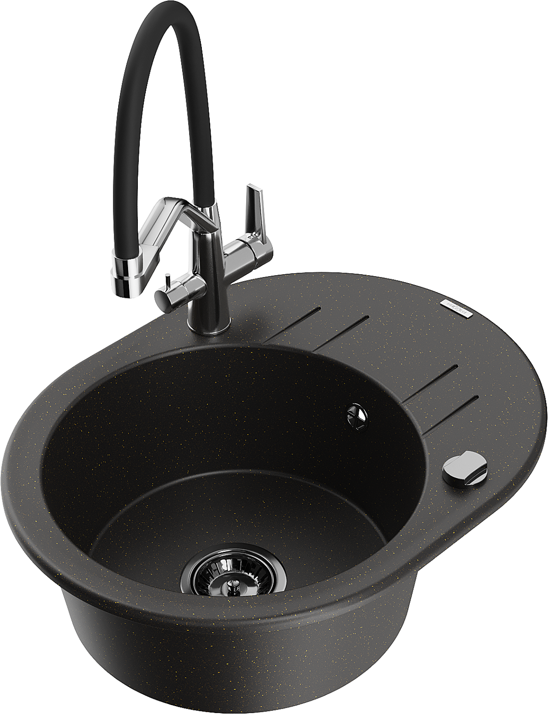 Mexen Kevin zlewozmywak granitowy 1-komorowy z baterią kuchenną Duo, czarny/złoty metalik - 6517-75-671701-07-B