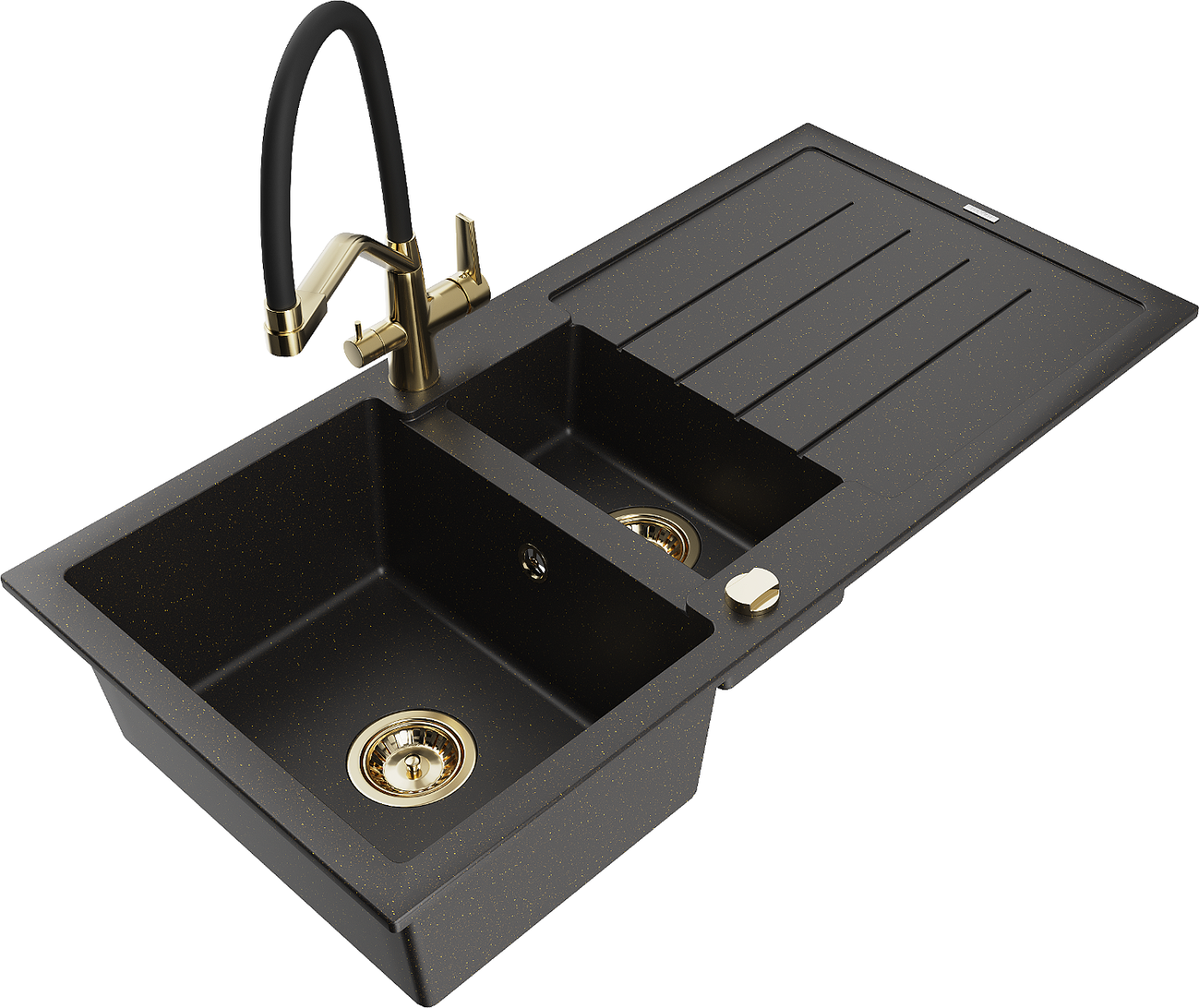 Mexen Andres zlewozmywak granitowy 1,5-komorowy z ociekaczem i baterią kuchenną Duo, czarny/złoty metalik - 6515-75-671701-57-G