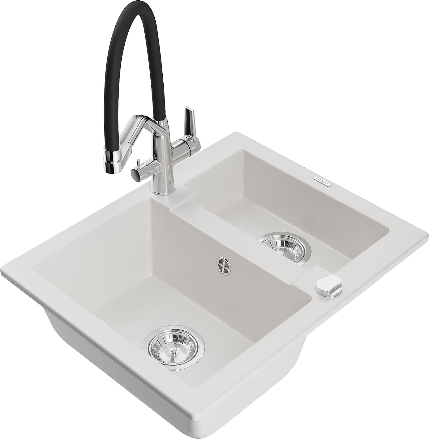 Mexen Carlos zlewozmywak granitowy 1,5-komorowy z baterią kuchenną Duo, biały - 6518-20-671701-07