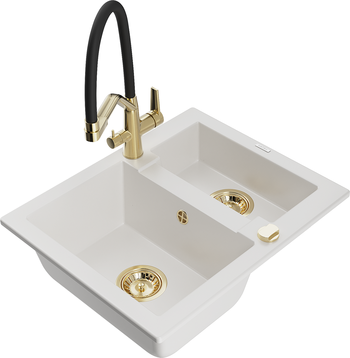 Mexen Carlos zlewozmywak granitowy 1,5-komorowy z baterią kuchenną Duo, biały - 6518-20-671701-57-G