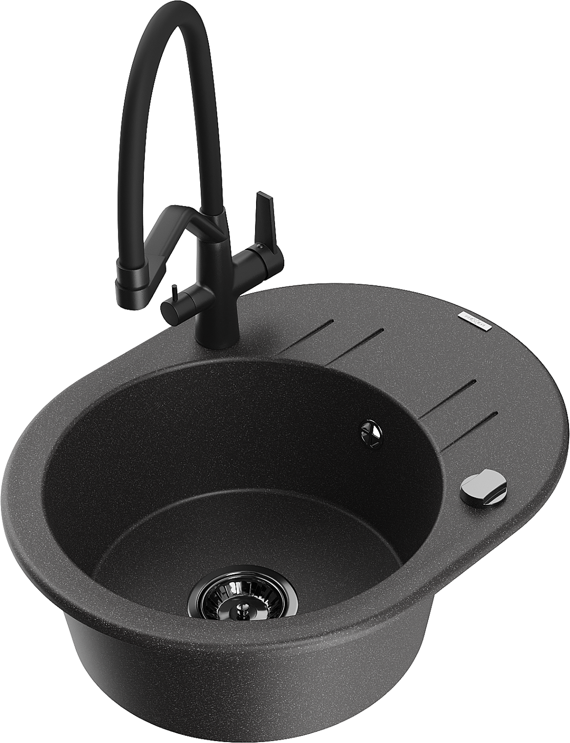 Mexen Kevin zlewozmywak granitowy 1-komorowy z baterią kuchenną Duo, czarny nakrapiany - 6517-76-671701-70-B