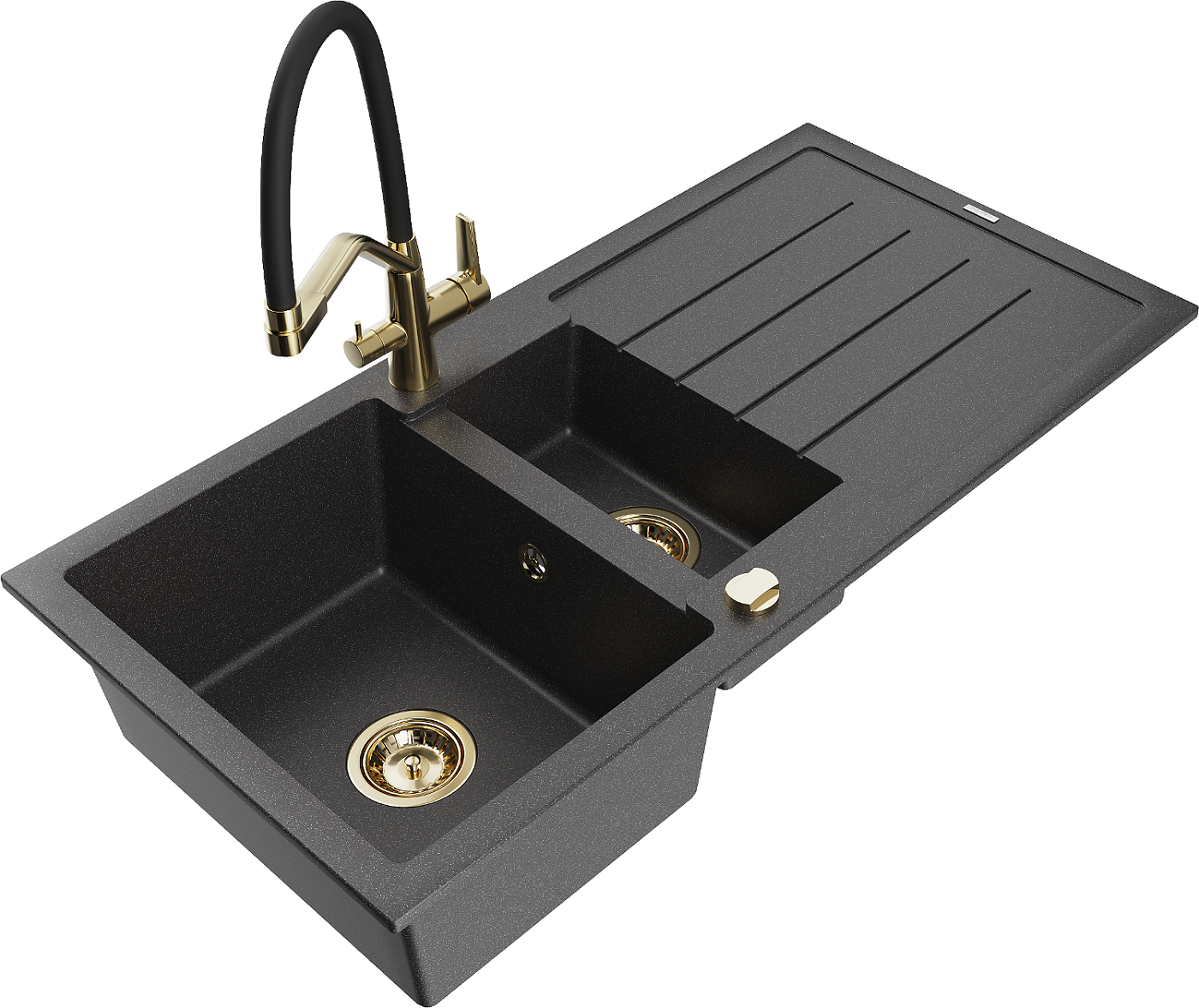 Mexen Andres zlewozmywak granitowy 1,5-komorowy z ociekaczem i baterią kuchenną Duo, czarny nakrapiany - 6515-76-671701-57-G