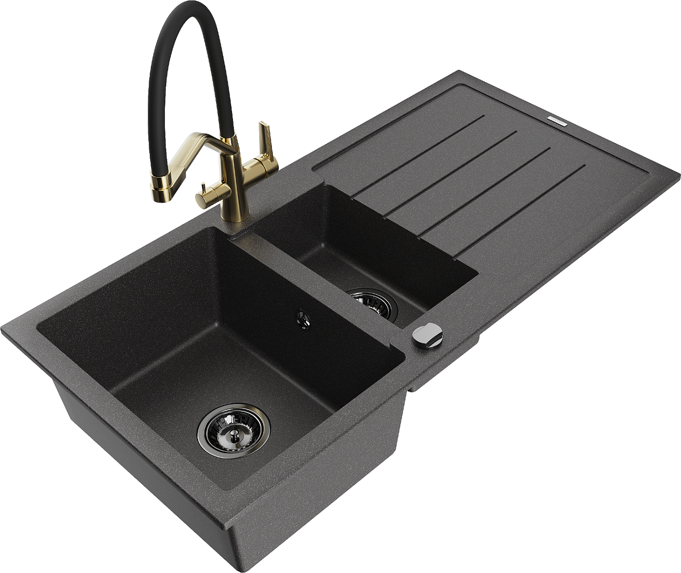 Mexen Andres zlewozmywak granitowy 1,5-komorowy z ociekaczem i baterią kuchenną Duo, czarny nakrapiany - 6515-76-671701-57-B
