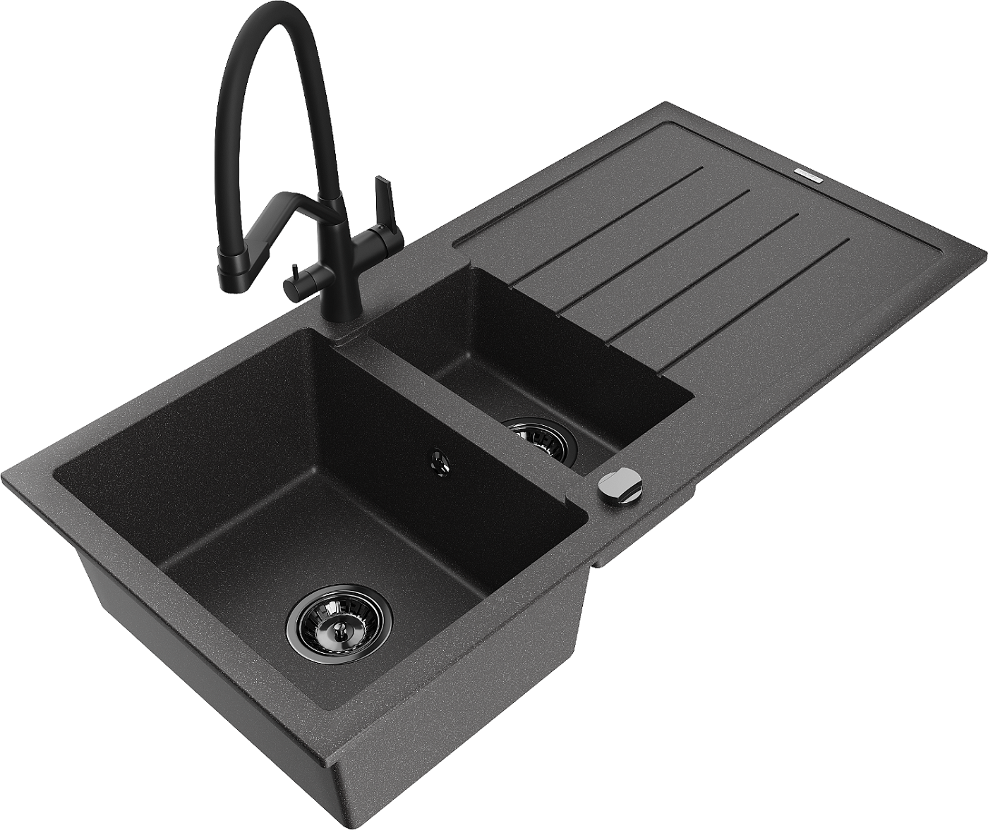 Mexen Andres zlewozmywak granitowy 1,5-komorowy z ociekaczem i baterią kuchenną Duo, czarny nakrapiany - 6515-76-671701-70-B