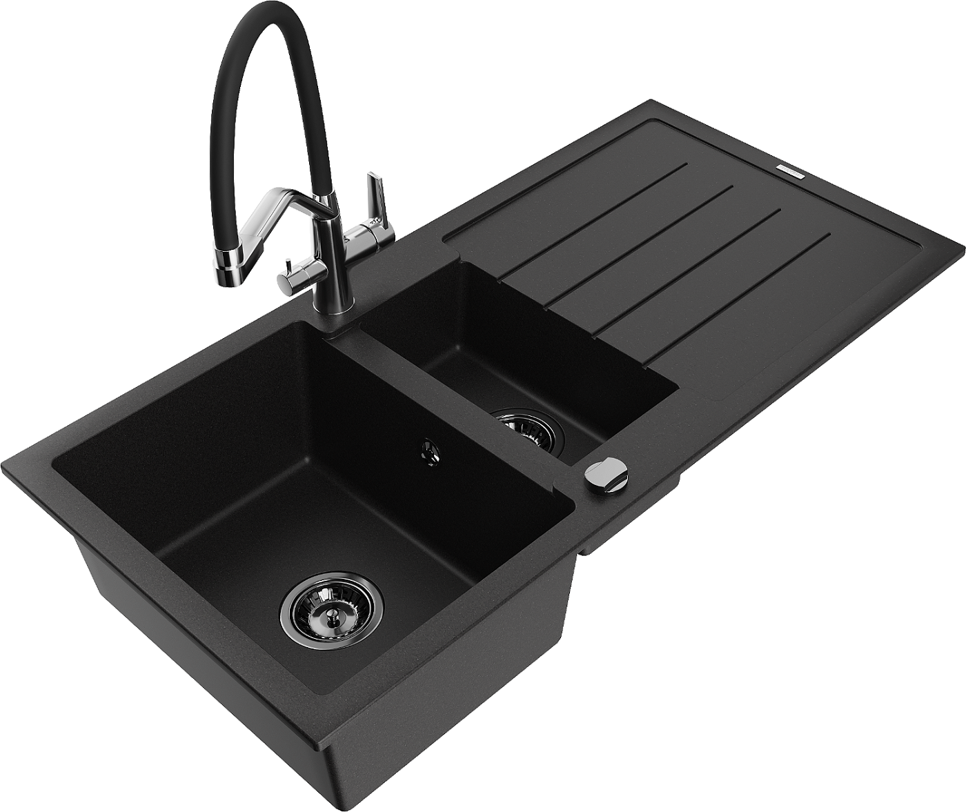 Mexen Andres zlewozmywak granitowy 1,5-komorowy z ociekaczem i baterią kuchenną Duo, czarny - 6515-77-671701-07-B