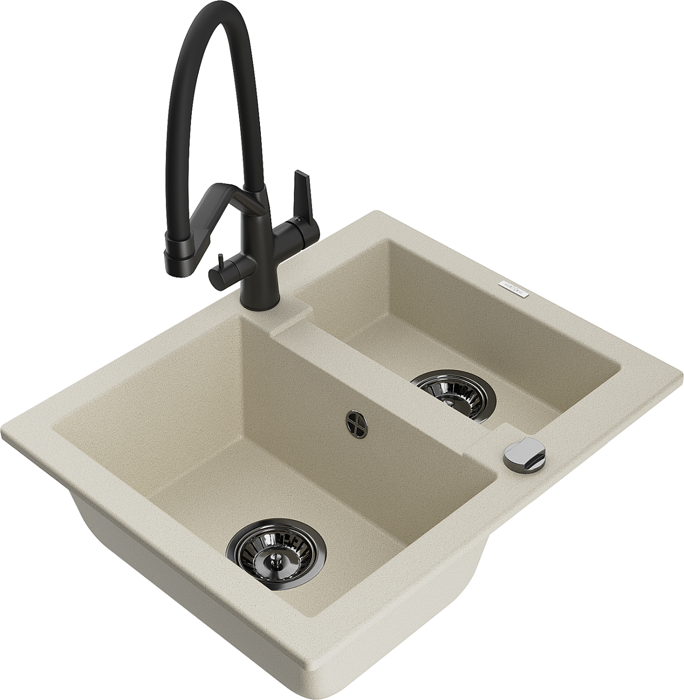 Mexen Carlos zlewozmywak granitowy 1,5-komorowy z baterią kuchenną Duo, beżowy - 6518-69-671701-70-B