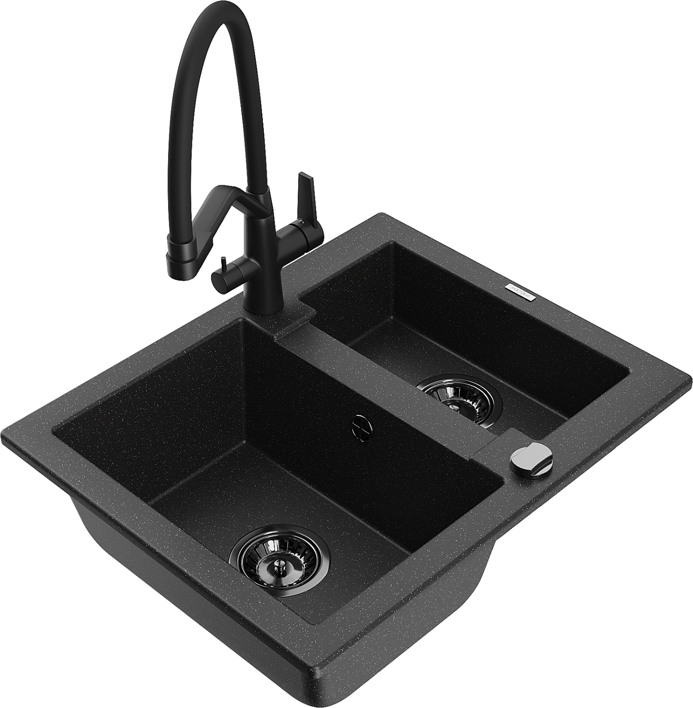 Mexen Carlos zlewozmywak granitowy 1,5-komorowy z baterią kuchenną Duo, czarny/srebrny metalik - 6518-73-671701-70-B