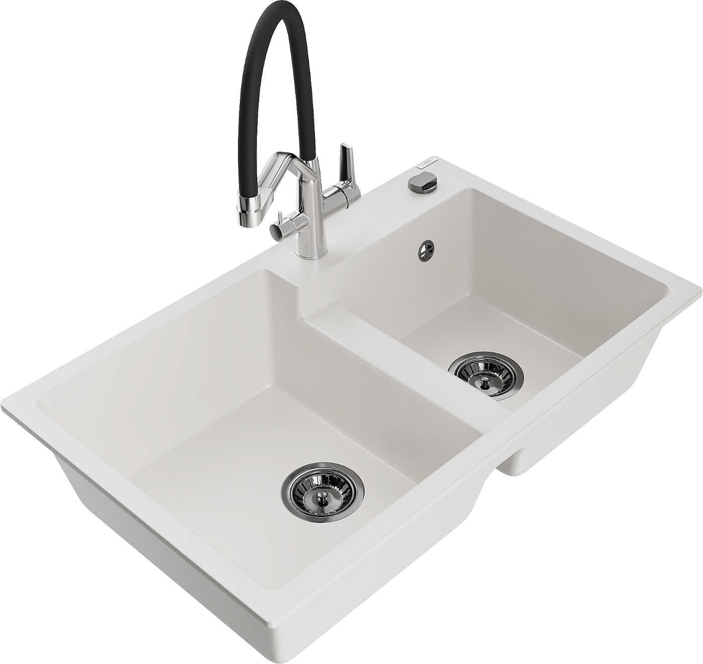 Mexen Tomas zlewozmywak granitowy 2-komorowy z baterią kuchenną Duo, biały - 6516-20-671701-07-B