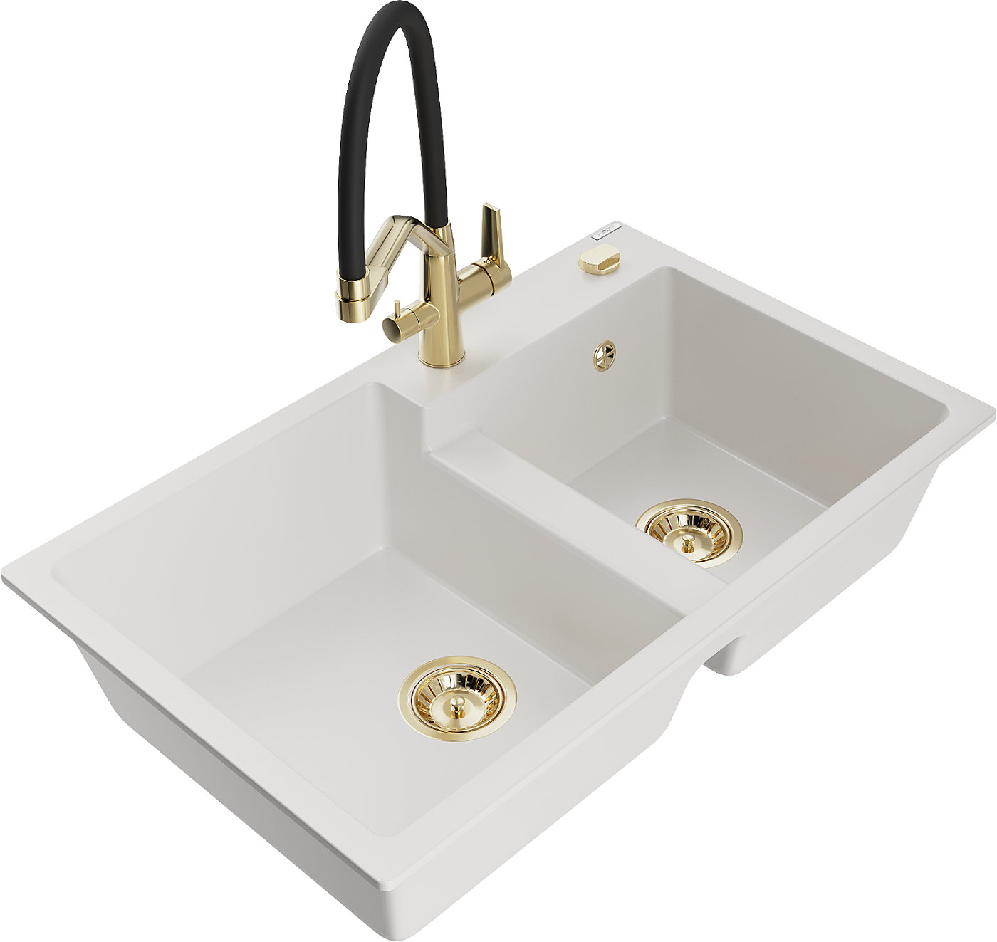 Mexen Tomas zlewozmywak granitowy 2-komorowy z baterią kuchenną Duo, biały - 6516-20-671701-57-G