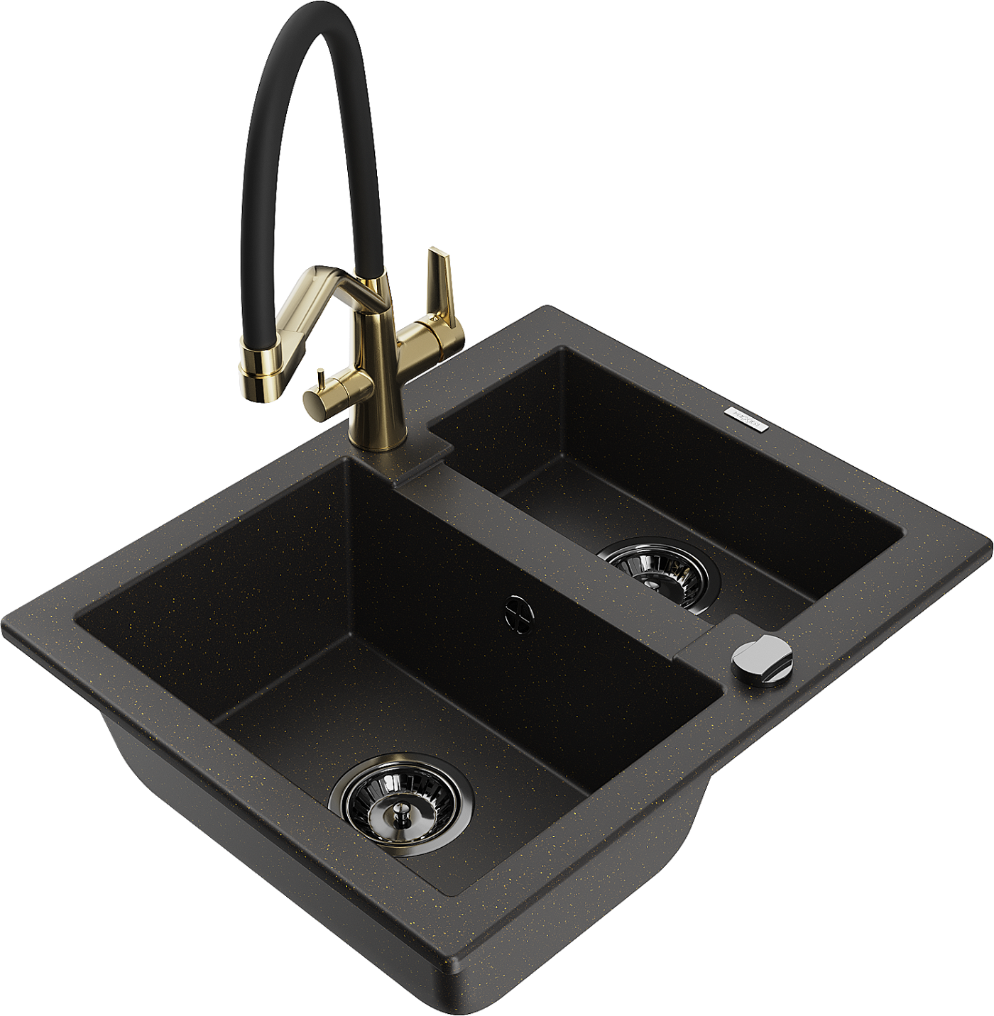 Mexen Carlos zlewozmywak granitowy 1,5-komorowy z baterią kuchenną Duo, czarny/złoty metalik - 6518-75-671701-57-B