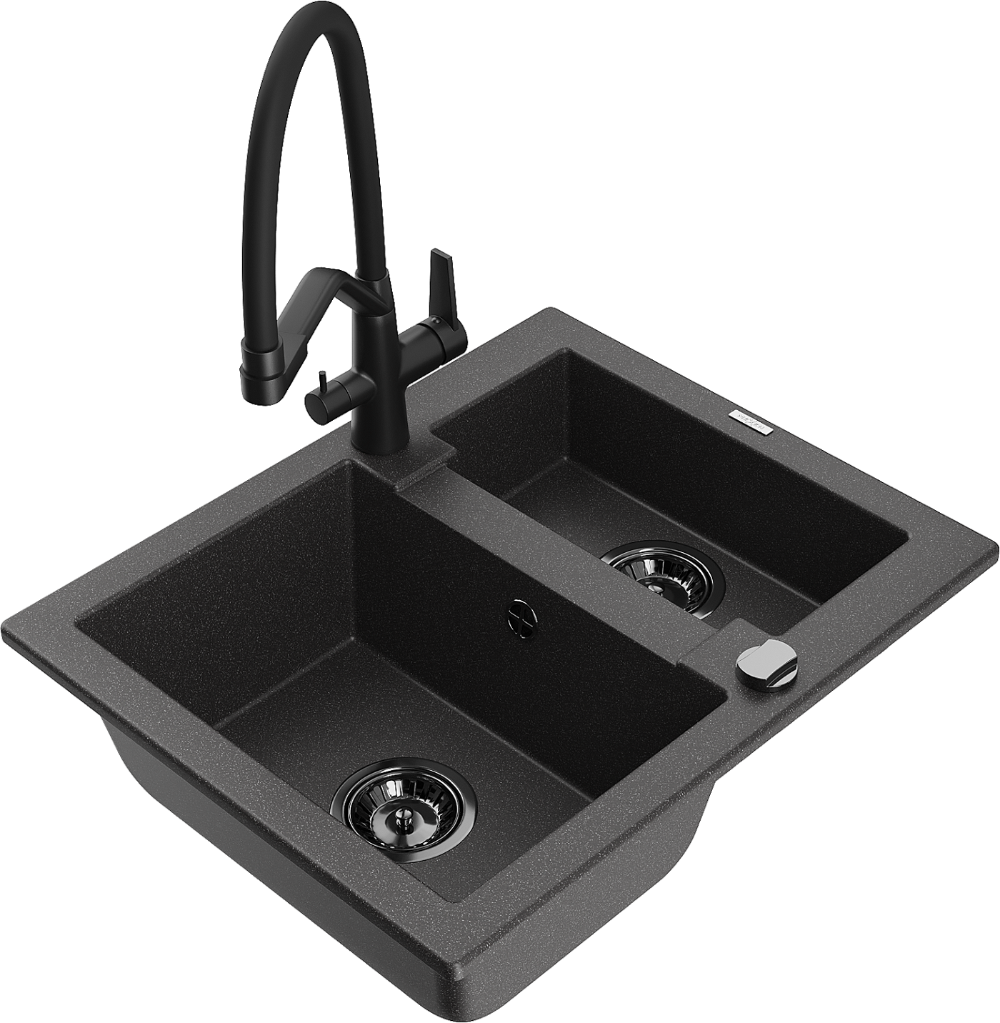Mexen Carlos zlewozmywak granitowy 1,5-komorowy z baterią kuchenną Duo, czarny nakrapiany - 6518-76-671701-70-B