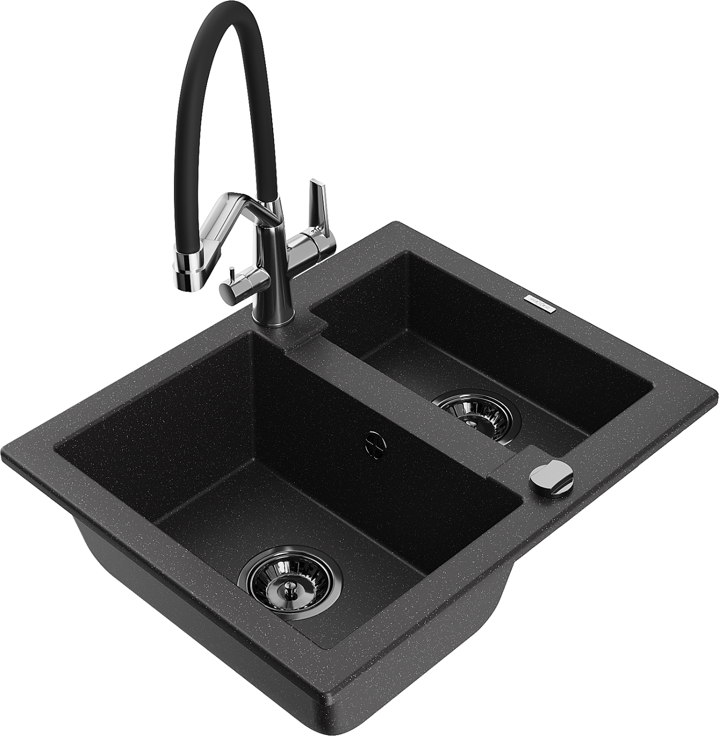 Mexen Carlos zlewozmywak granitowy 1,5-komorowy z baterią kuchenną Duo, czarny/srebrny metalik - 6518-73-671701-07-B