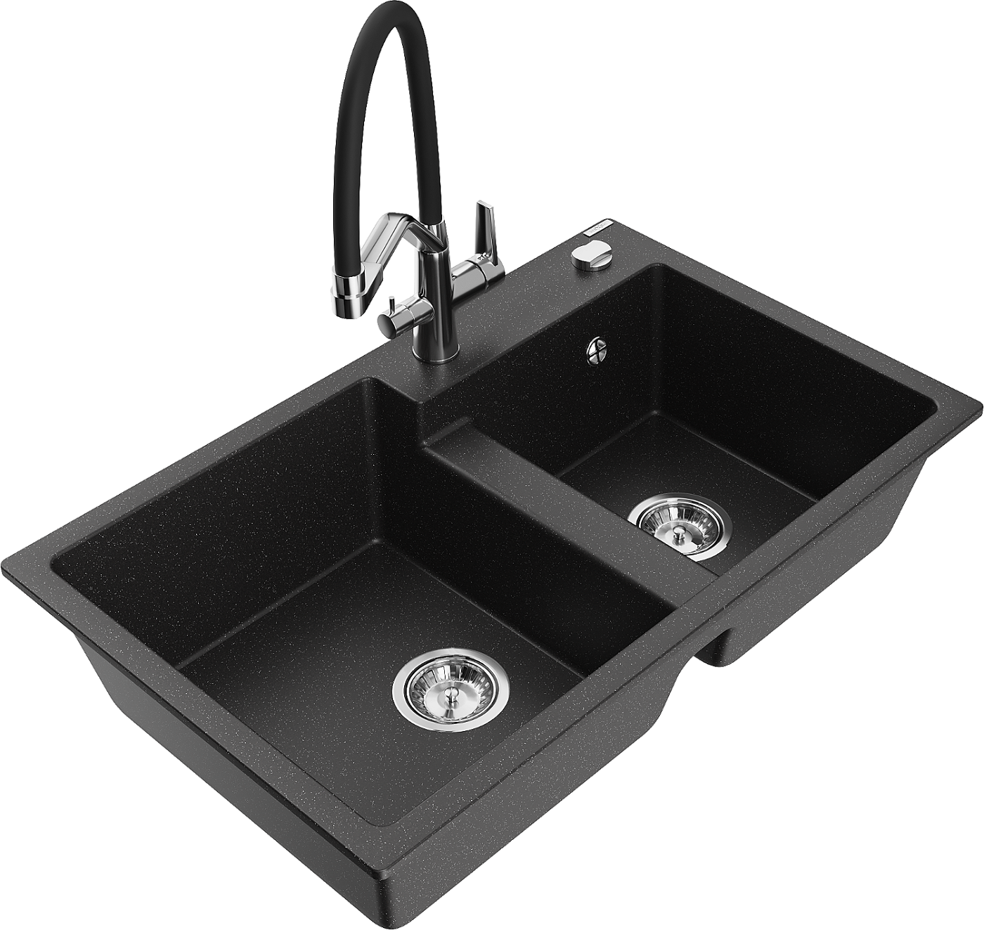 Mexen Tomas zlewozmywak granitowy 2-komorowy z baterią kuchenną Duo, czarny/srebrny metalik - 6516-73-671701-07