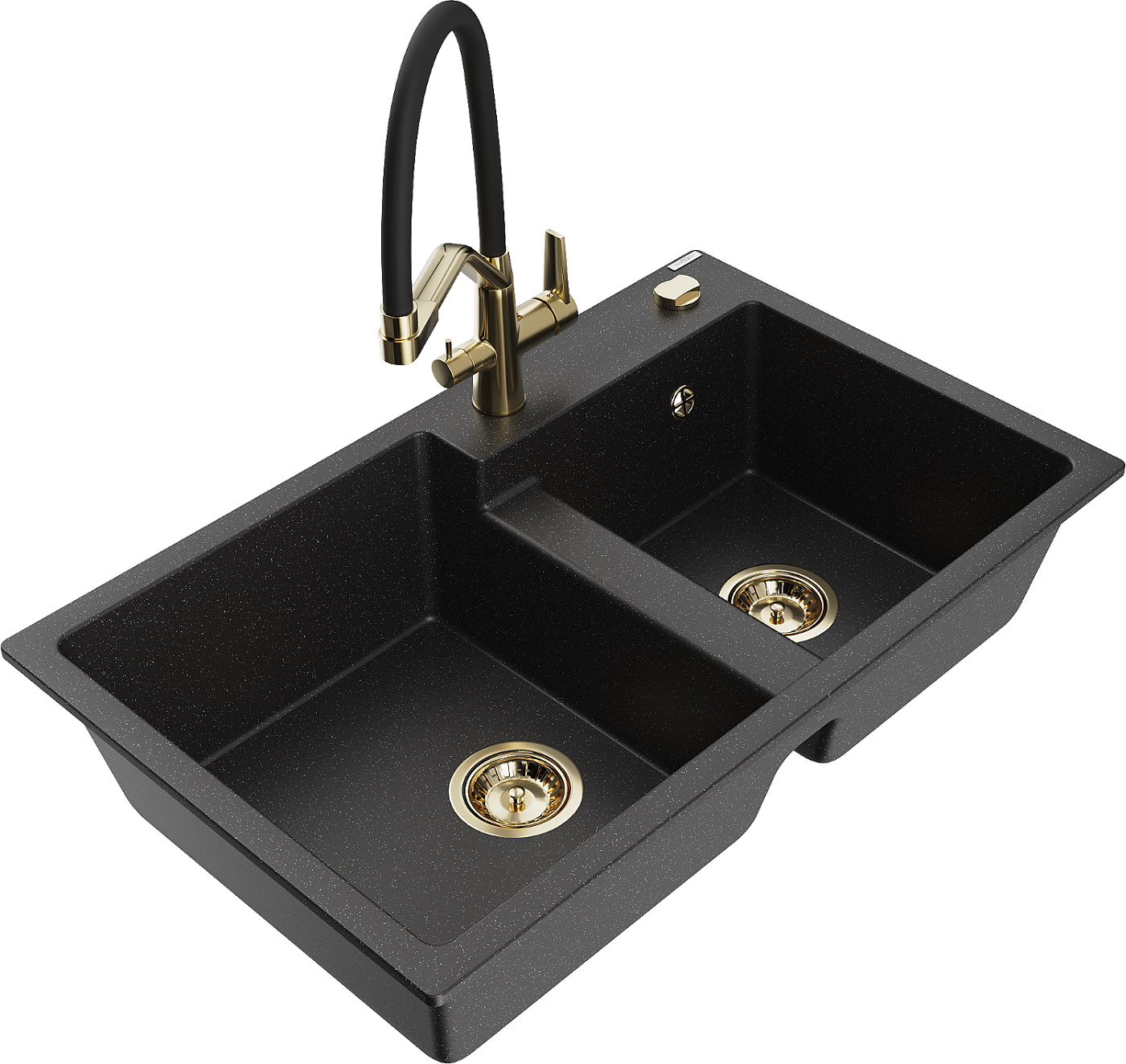 Mexen Tomas zlewozmywak granitowy 2-komorowy z baterią kuchenną Duo, czarny/srebrny metalik - 6516-73-671701-57-G