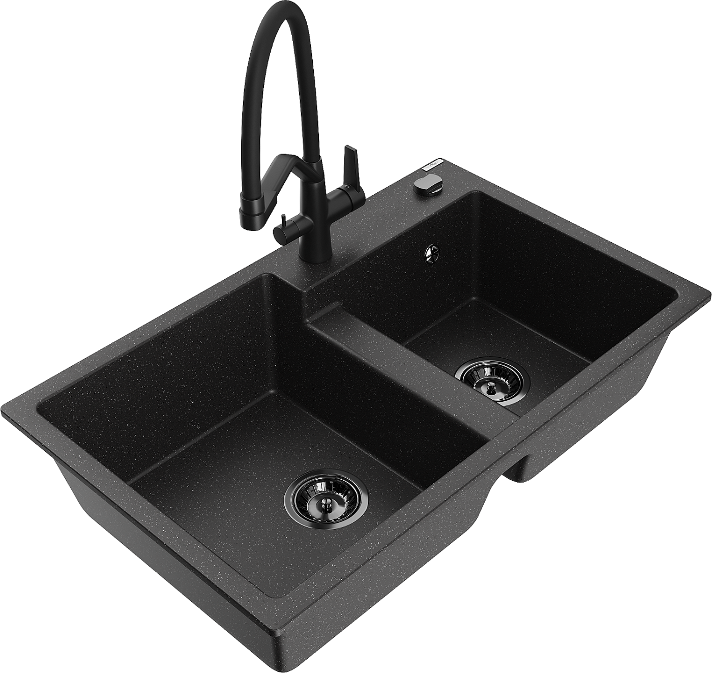 Mexen Tomas zlewozmywak granitowy 2-komorowy z baterią kuchenną Duo, czarny/srebrny metalik - 6516-73-671701-70-B