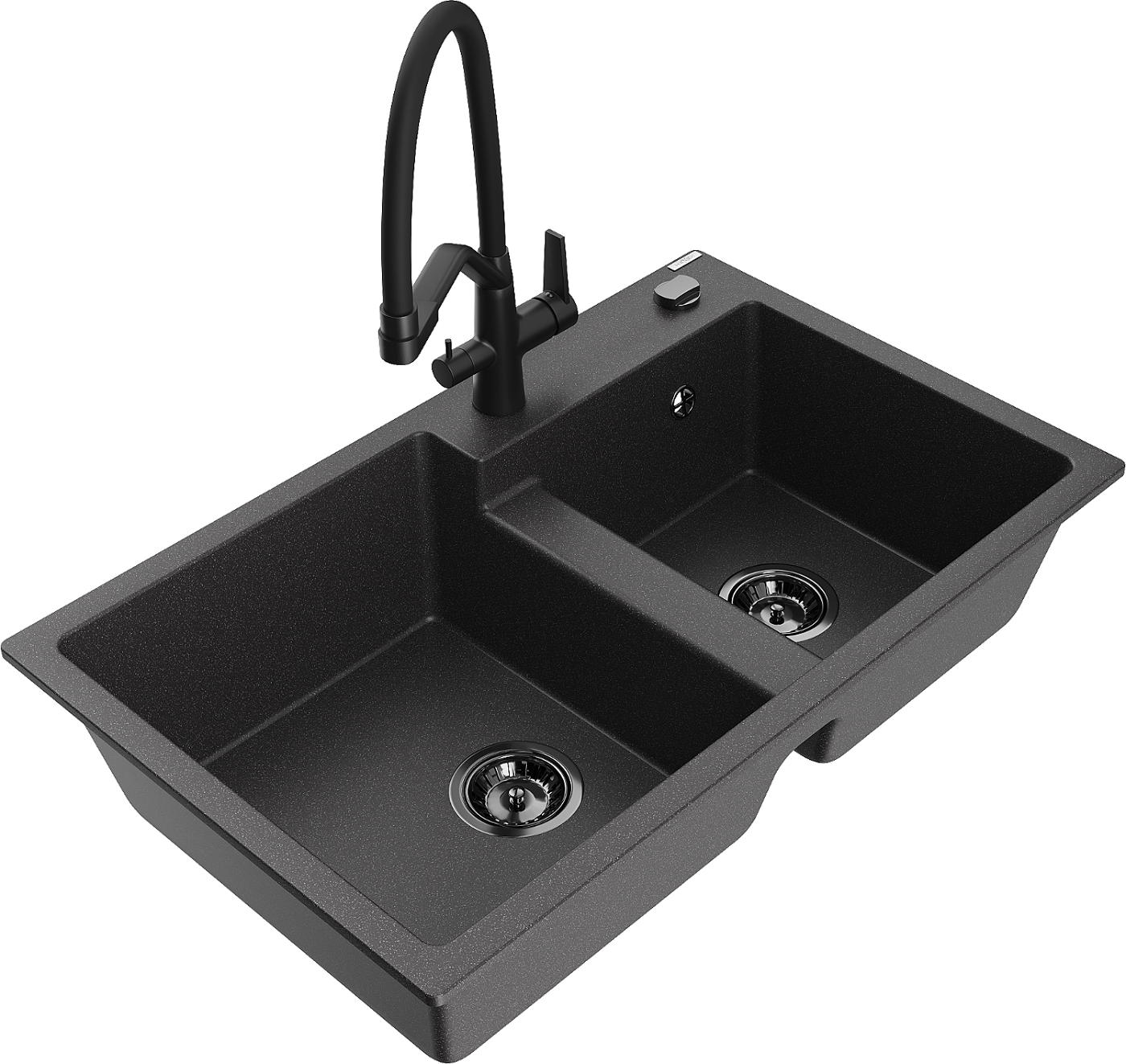 Mexen Tomas zlewozmywak granitowy 2-komorowy z baterią kuchenną Duo, czarny nakrapiany - 6516-76-671701-70-B