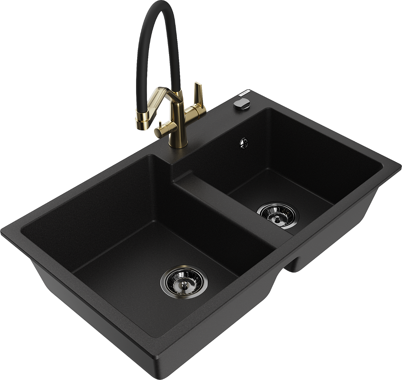 Mexen Tomas zlewozmywak granitowy 2-komorowy z baterią kuchenną Duo, czarny - 6516-77-671701-57-B