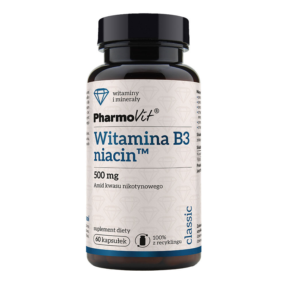Witamina B3 Niacyna Niacin amid kwasu nikotynowego 500mg 60 kapsułek PharmoVit