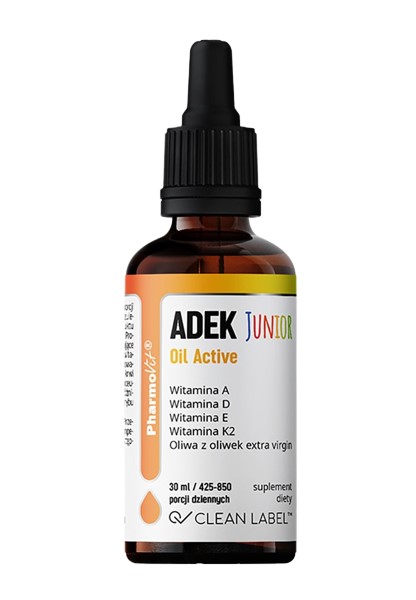 WITAMINA ADEK JUNIOR DLA DZIECI W KROPLACH (300 mcg + 10 mcg + 4 mg + 20 mcg) BEZGLUTENOWE 30 ml - PHARMOVIT (CLEAN LABEL) 5902811239936