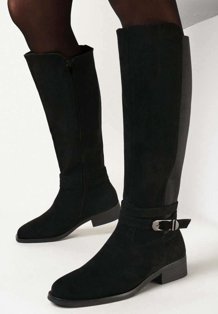 Czarne Kozaki Muszkieterki z Ozdobnym Paskiem Vambra