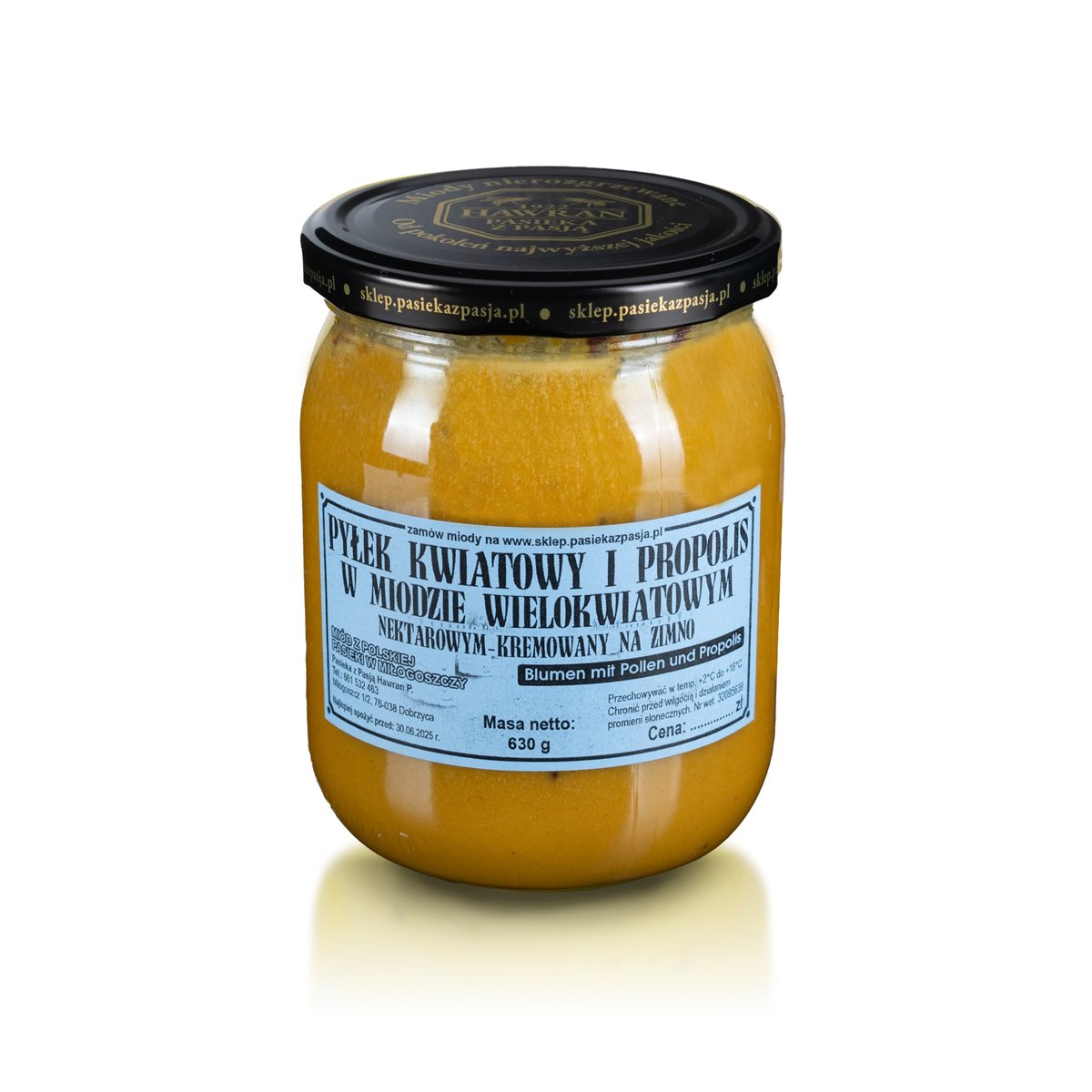 PYŁEK I PROPOLIS W MIODZIE WIELOKWIATOWYM 630g, pyszny, słodki, nierozgrzewany, 100 lat tradycji, zdrowy
