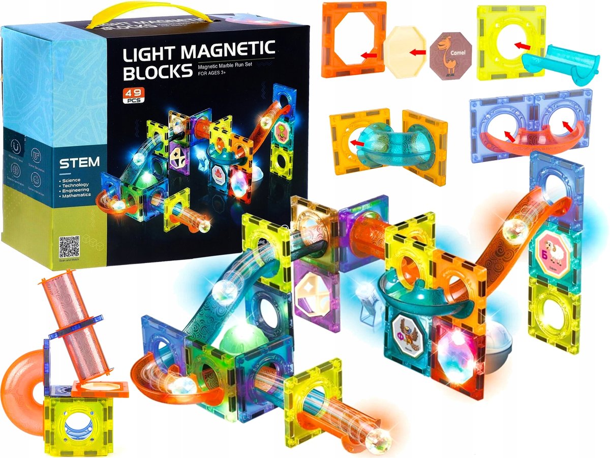 Świecące Klocki Magnetyczne 49 Elementów Tor Kulkowy Dla Kulek Kulodrom
