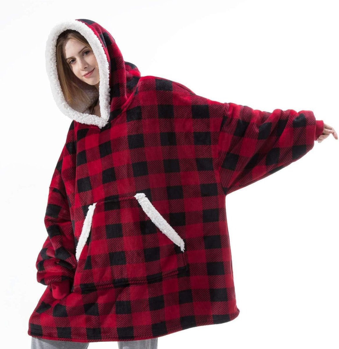 Koc z rękawami Koc bluza kocobluza Oversize XXL, Miś, czerwony