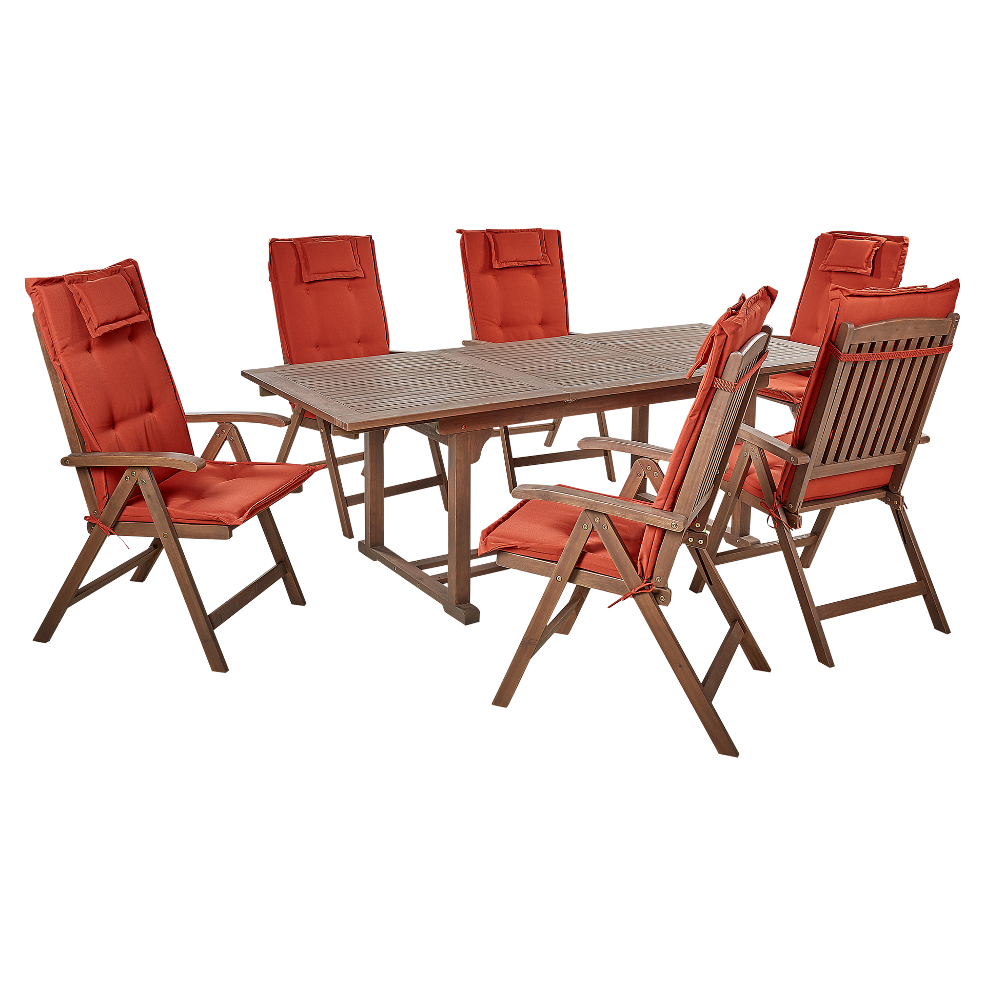 Zestaw ogrodowy drewno akacjowe stół i 6 krzeseł z poduszkami czerwonymi AMANTEA