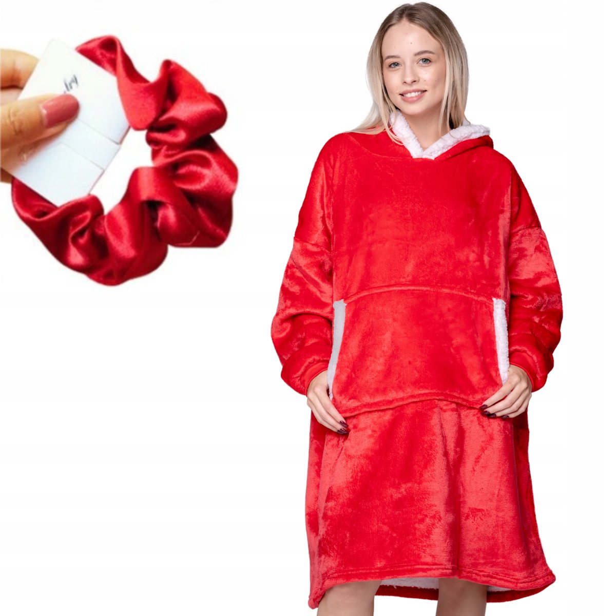 Koc z rękawami Koc bluza kocobluza Oversize 2W1 XXL, czerwony + gumka scrunchies