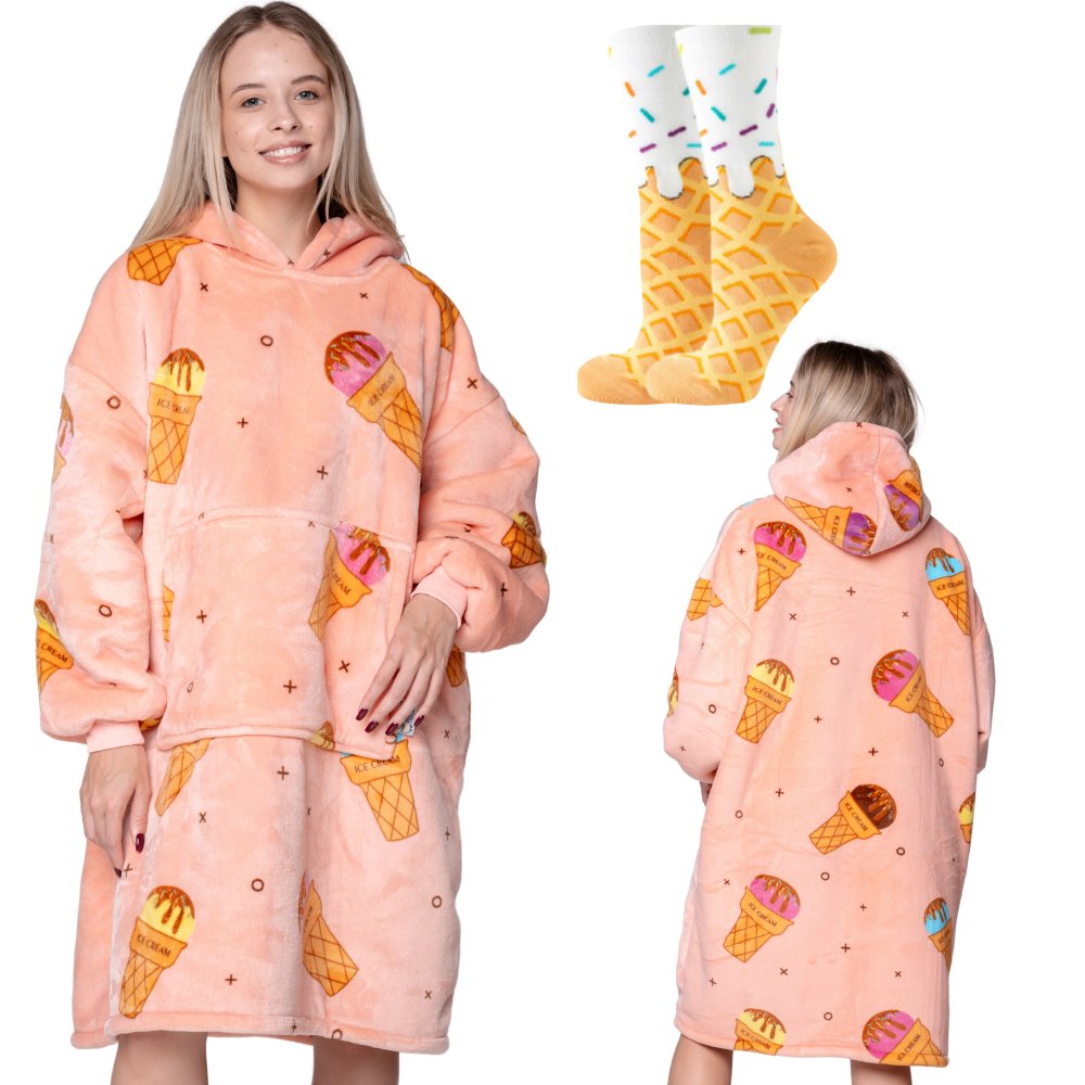Koc z rękawami Koc bluza kocobluza Oversize 2W1 XXL, Lody + skarpetki