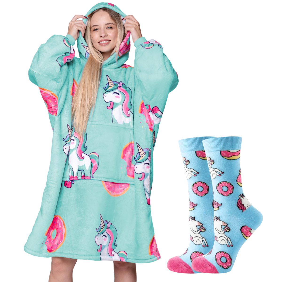 Koc z rękawami Koc bluza kocobluza Oversize 2W1 XXL, Jednorożce + skarpetki